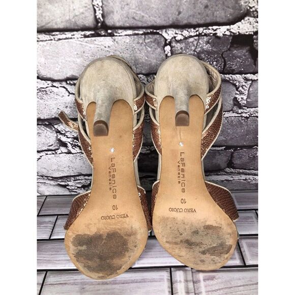 La Fenice Venezia Rose Pink Sequin Beige Suede Open Toe Heels Women Sz 10M US/41 - Picture 7 of 16